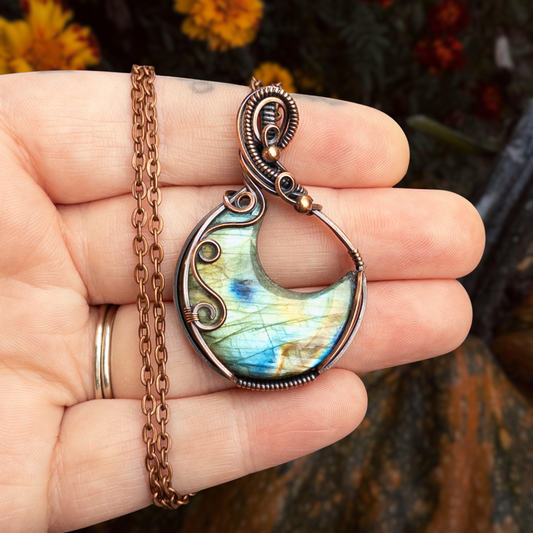 Labradorite Moon Antiqued Copper Pendant