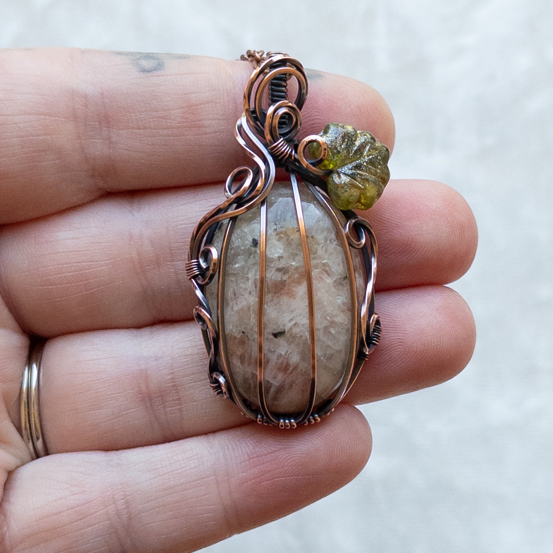 Sunstone Antiqued Copper Pumpkin Pendant With Czech Glass Leaf