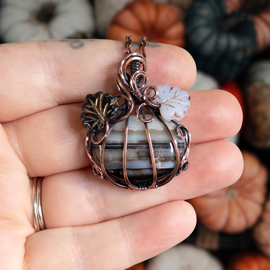 Black & White Banded Agate Pumpkin Pendant With Czech Glass Leaves - Antiqued Copper