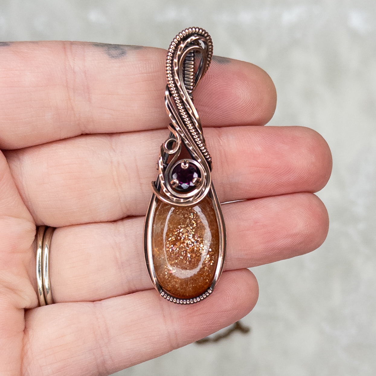Sunstone & Pink Garnet Antiqued Copper Pendant