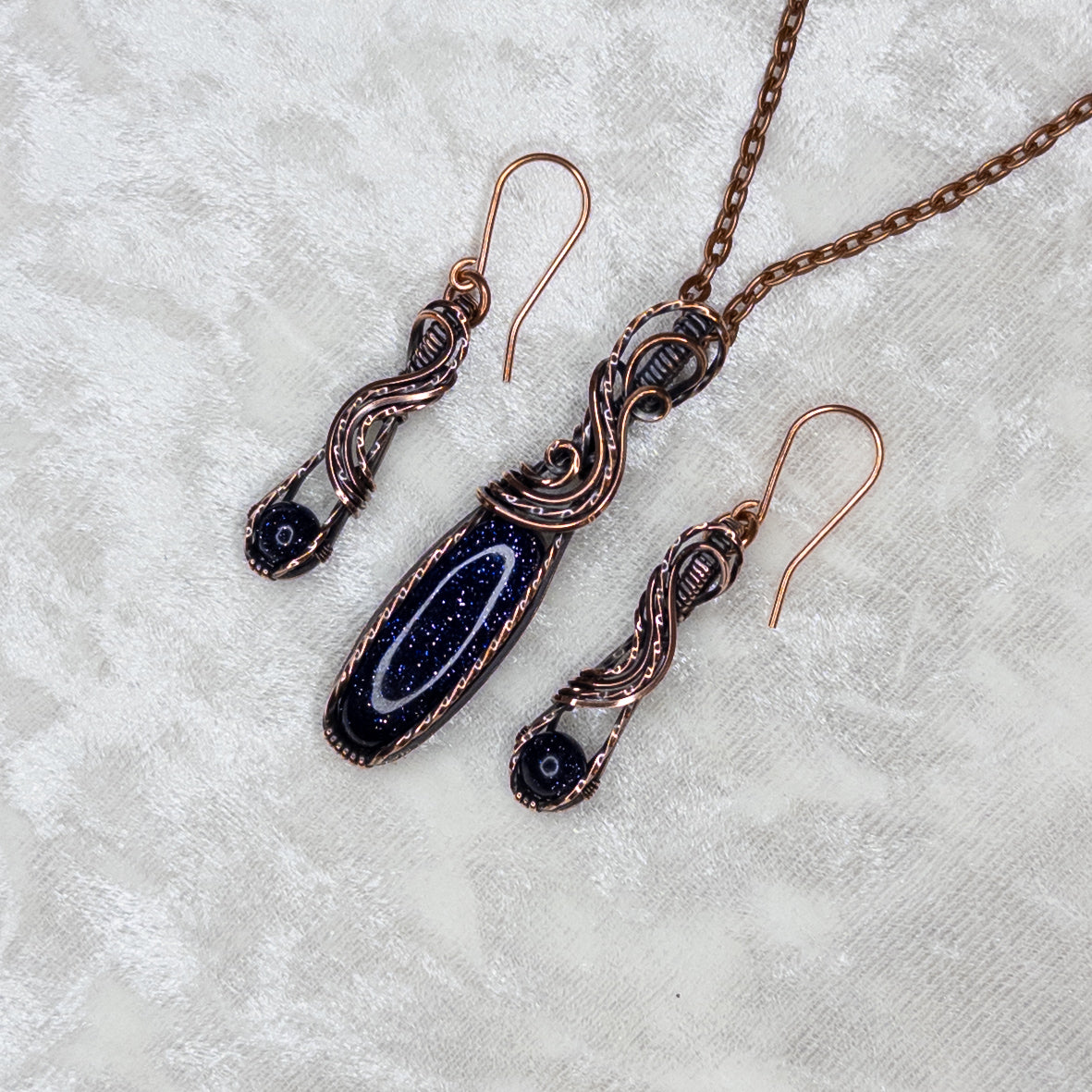 Blue Goldstone Antiqued Copper Pendant & Earrings Set