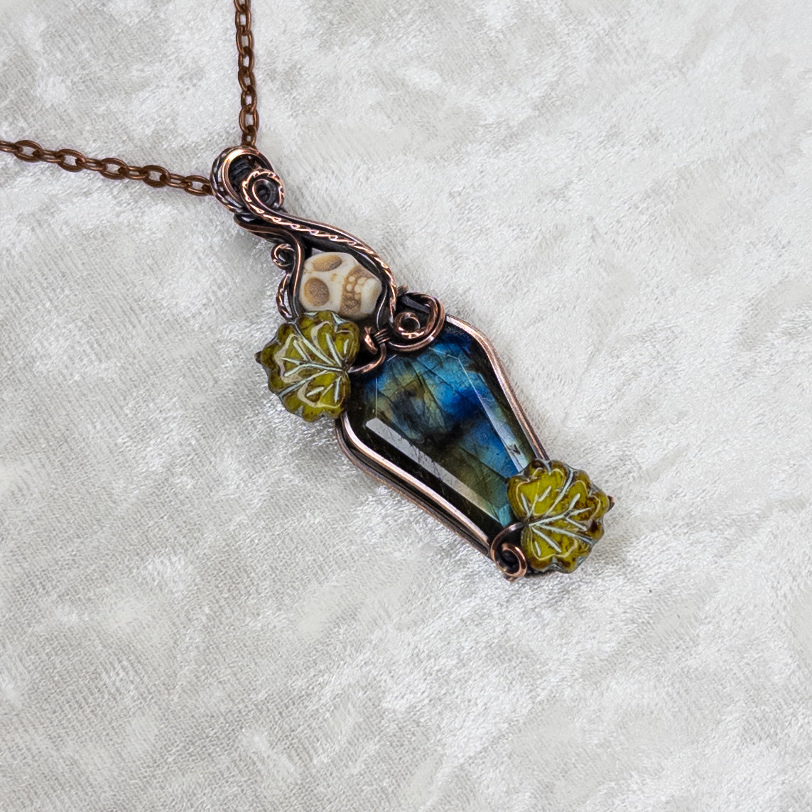 Labradorite Coffin Antiqued Copper Pendant With Stone Skull & Czech Glass Leaves