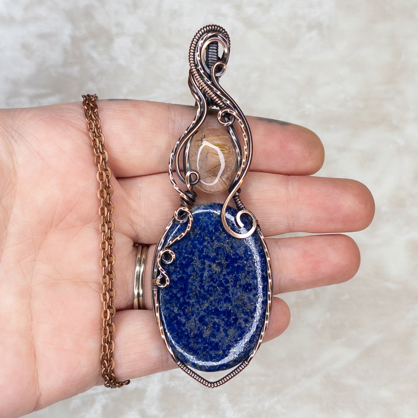 Lapis Lazuli & Gold Rutilated Quartz Antiqued Copper Statement Pendant