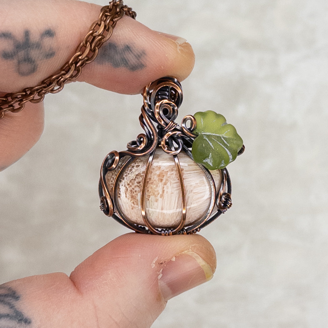 Pink Scolecite Antiqued Copper Pumpkin Pendant With Czech Glass Leaf