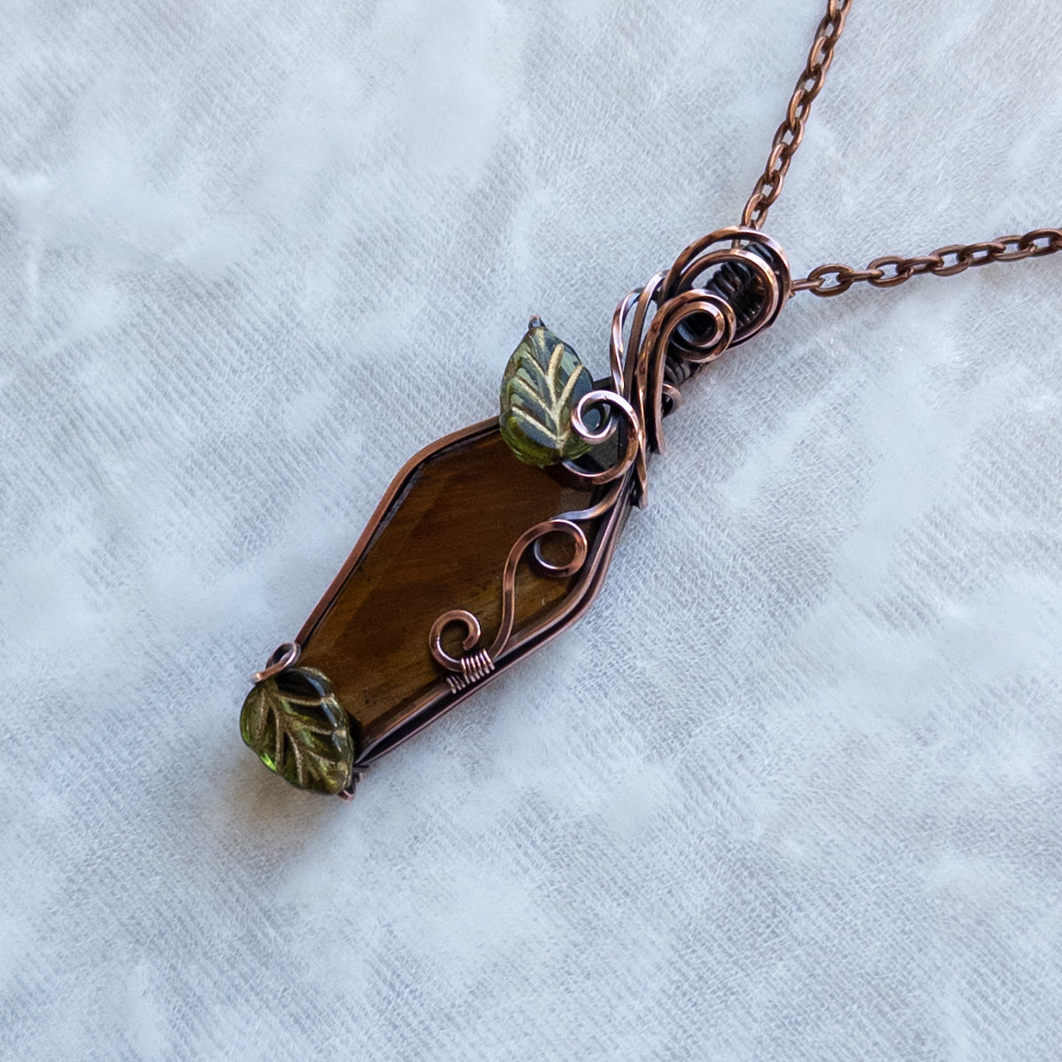 Tiger’s Eye Coffin & Leaves Antiqued Copper Pendant