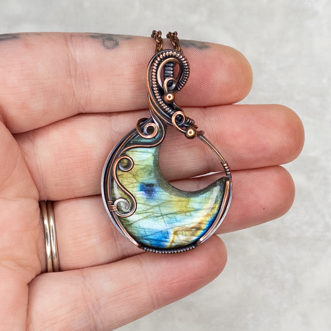 Labradorite Moon Antiqued Copper Pendant