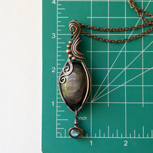 Charger l&#39;image dans la galerie, Gold Sheen Obsidian With Labradorite Charm Copper Wrapped Pendant
