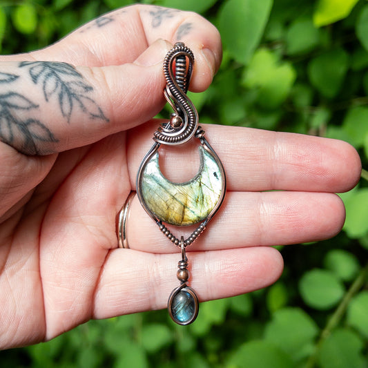 Crescent Moon Labradorite With Labradorite Charm Copper Wrapped Pendant