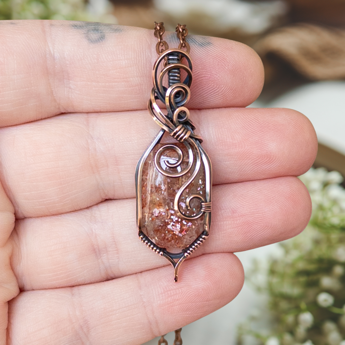 Confetti Sunstone Antiqued Copper Pendant