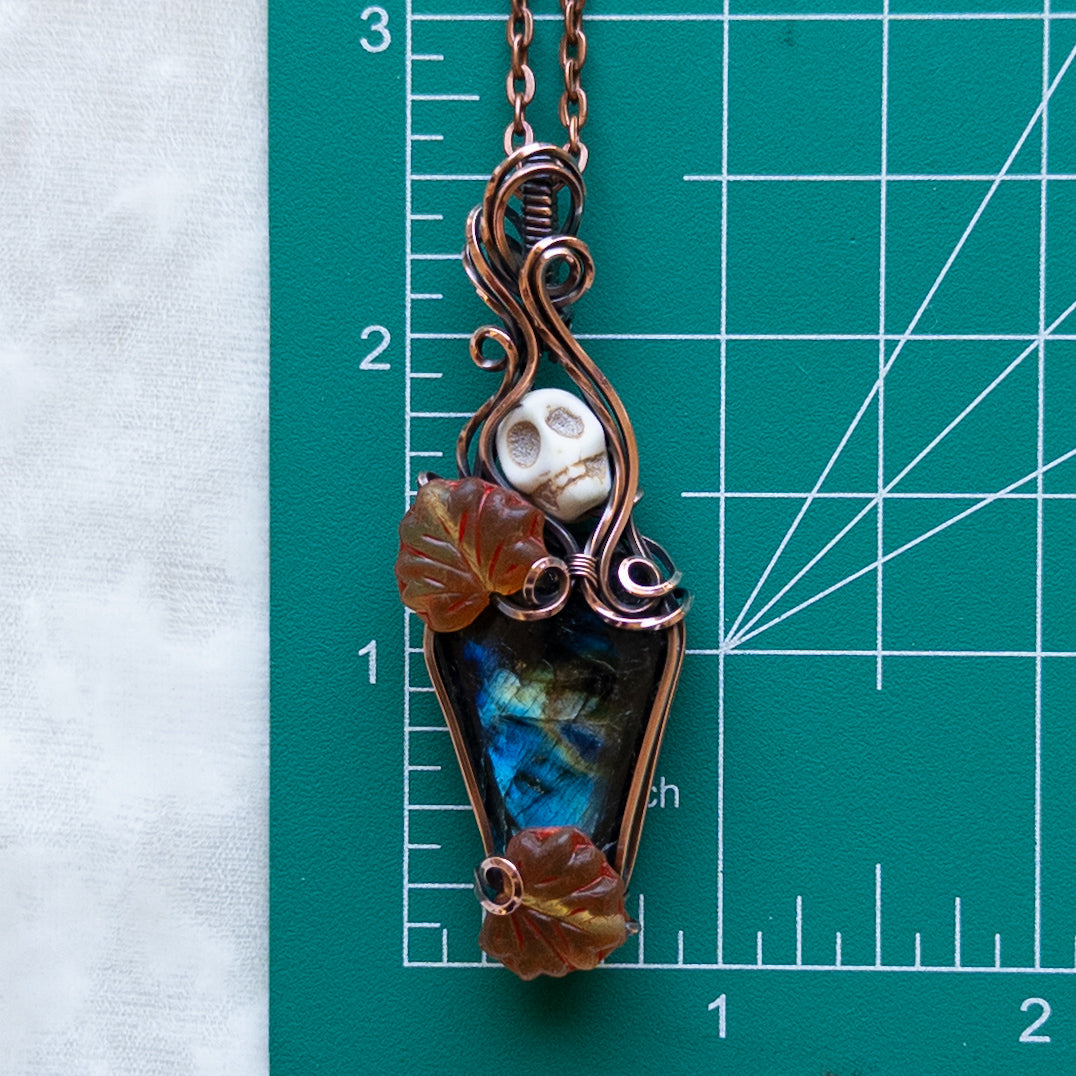 Labradorite Coffin & Skull Antiqued Copper Pendant With Czech Glass Leaves