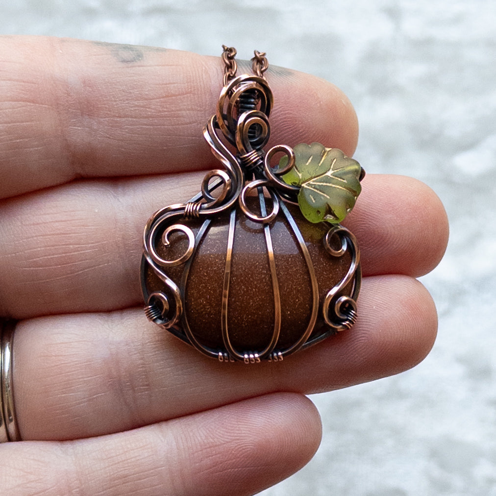 Orange Goldstone Pumpkin Pendant With Czech Glass Leaf - Antiqued Copper