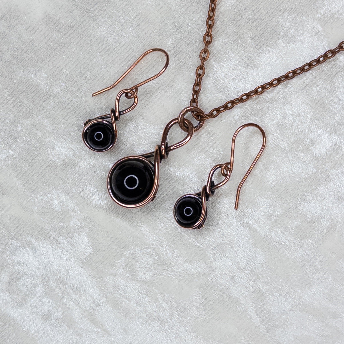 Drops of Obsidian Antiqued Copper Pendant & Earrings Set