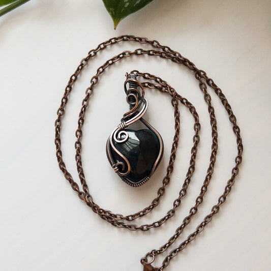 Blue Tiger’s Eye Heart & Copper Wrapped Pendant