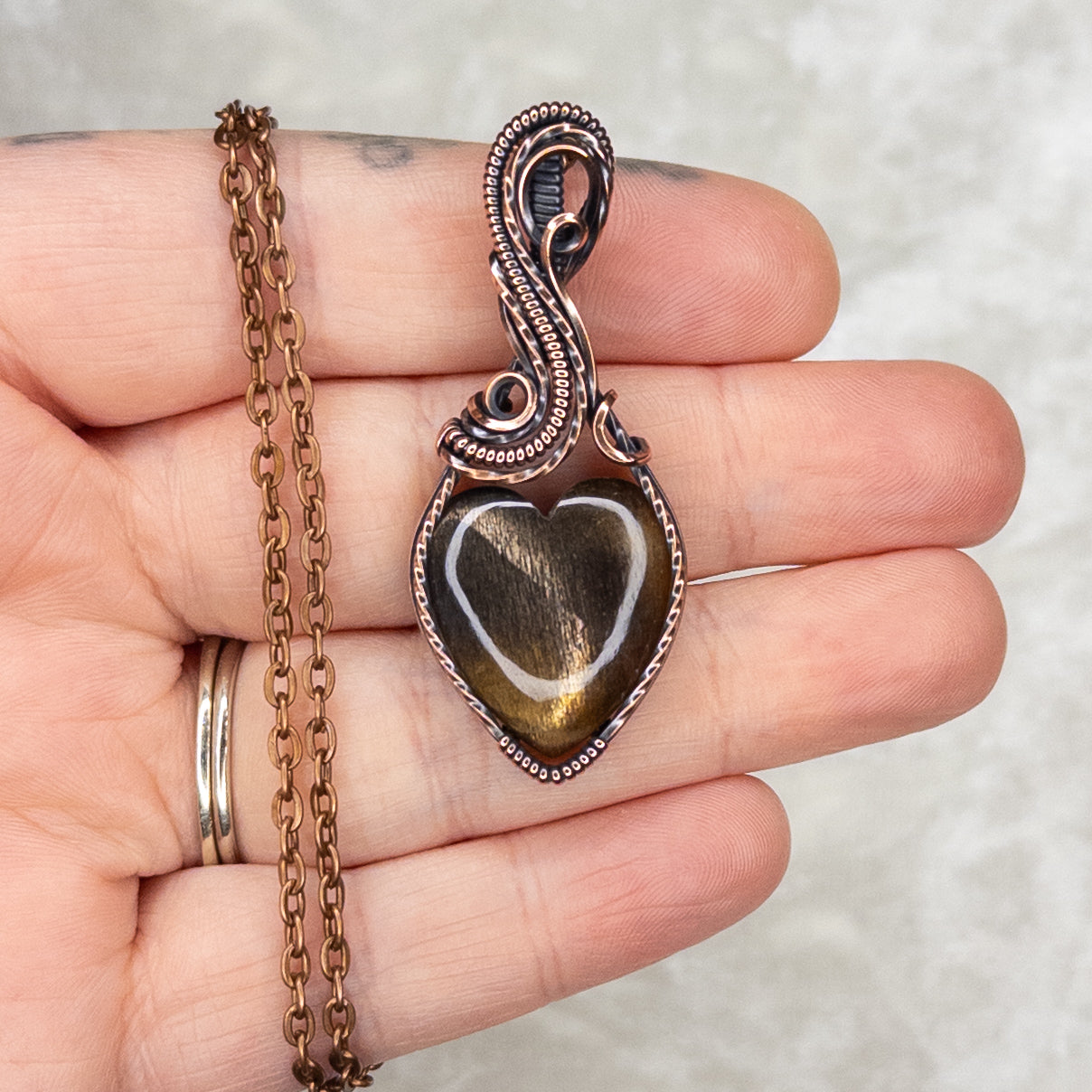 Meteor Shower Sunstone Heart Antiqued Copper Pendant