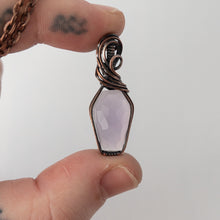 Load image into Gallery viewer, Lavender Chalcedony Faceted Coffin Antiqued Copper Wrapped Pendant
