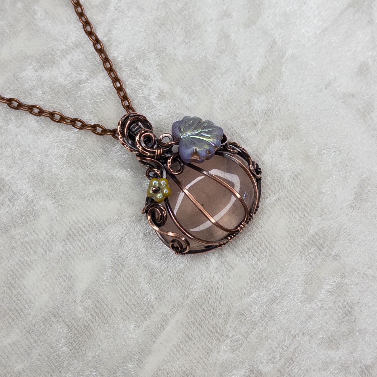 “Fairy Pumpkin” Rose Quartz Antiqued Copper Pumpkin Pendant With Iridescent Czech Glass Leaf & Blossom