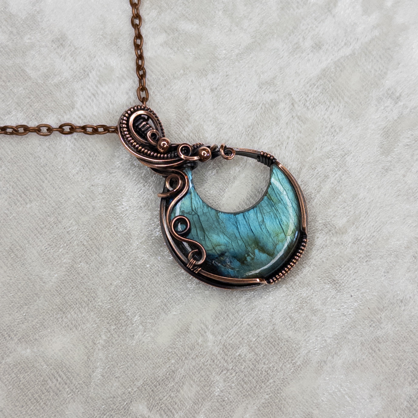 Light Blue Labradorite Moon Antiqued Copper Pendant