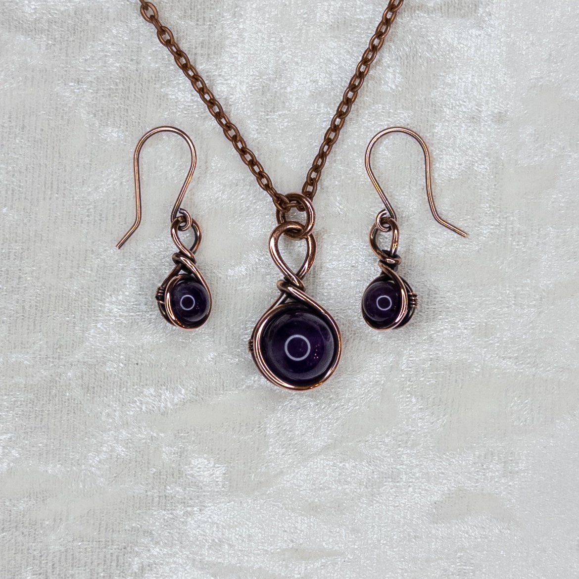Drops of Amethyst Antiqued Copper Pendant & Earrings Set