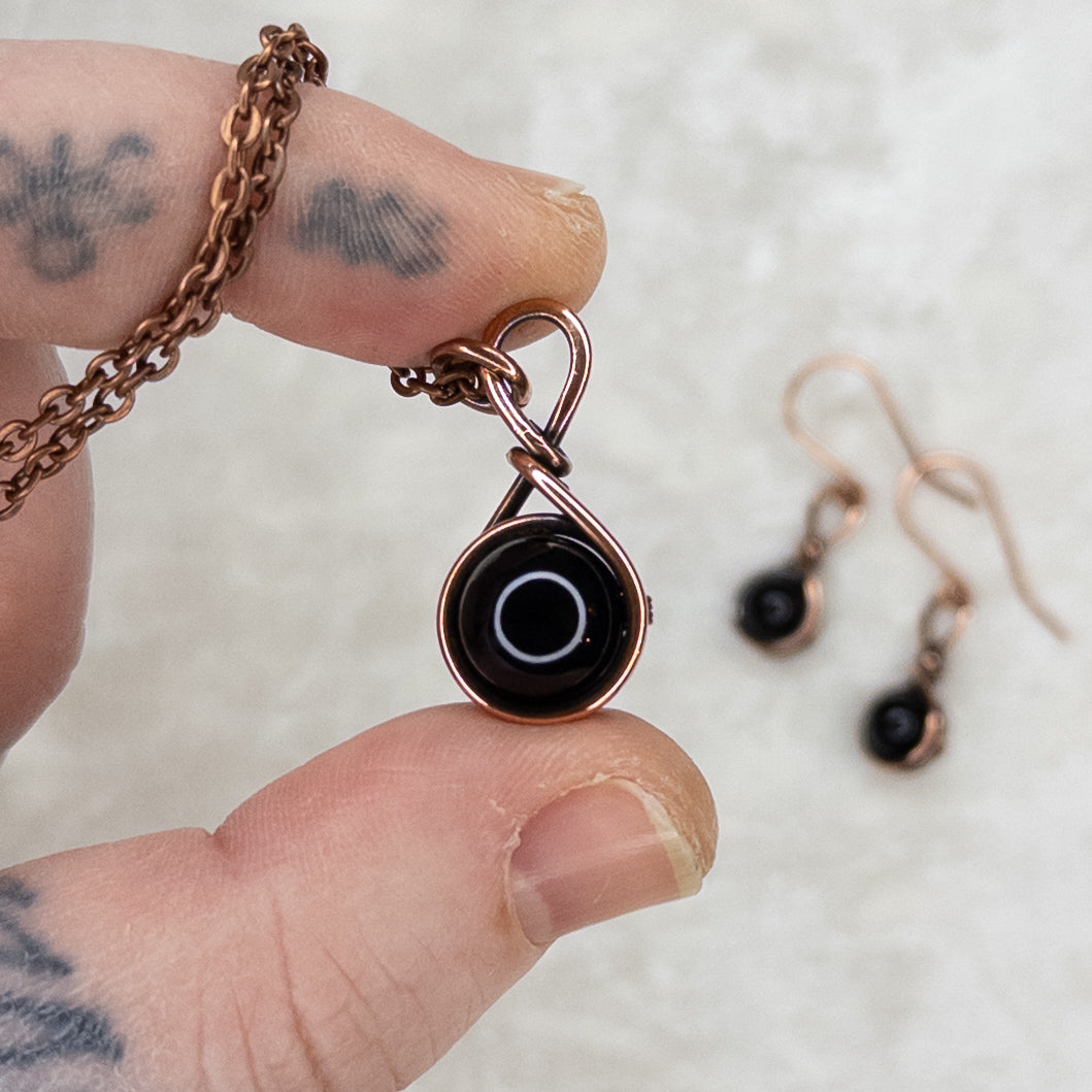 Drops of Obsidian Antiqued Copper Pendant & Earrings Set