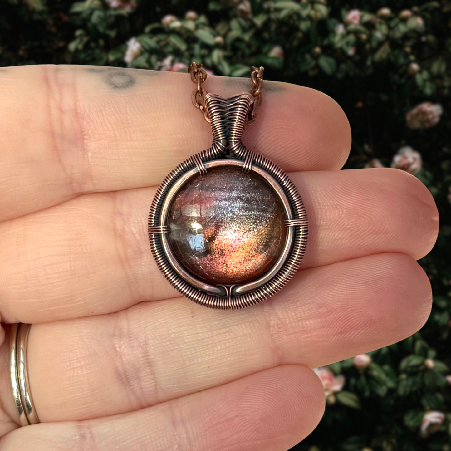 Purple Haze Sunstone Antiqued Copper Medallion Pendant