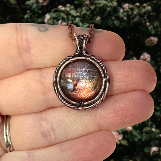 Purple Haze Sunstone Antiqued Copper Medallion Pendant