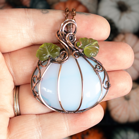 Opalite Glass Pumpkin Antiqued Copper Pendant With Czech Glass Leaves
