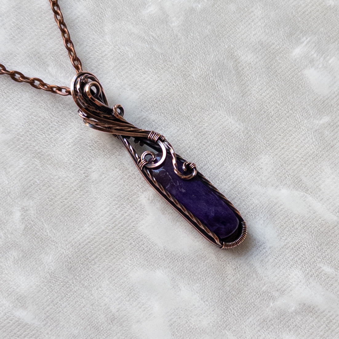 Dainty Charoite Antiqued Copper Pendant