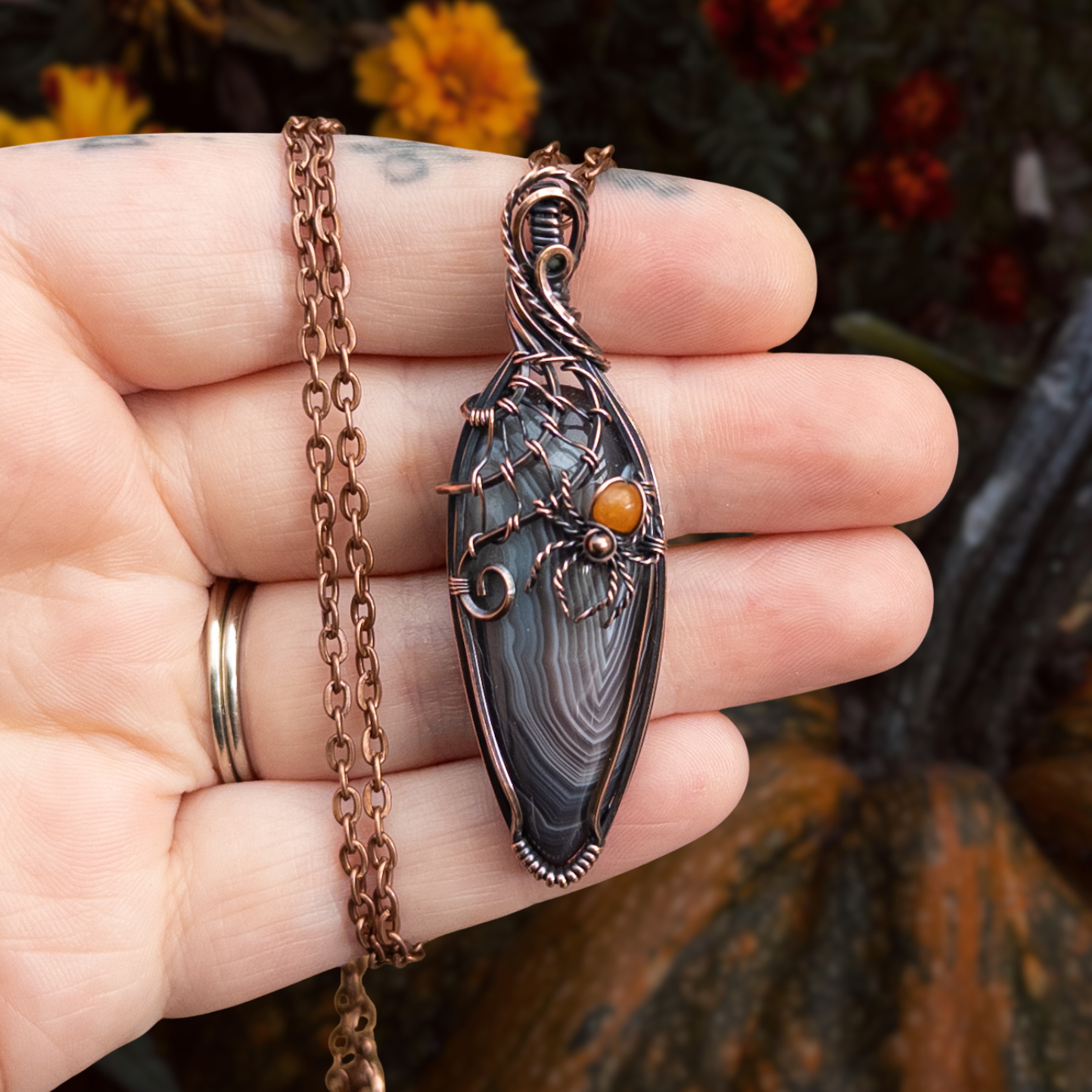 Botswana Agate & Orange Aventurine Spider Antiqued Copper Pendant