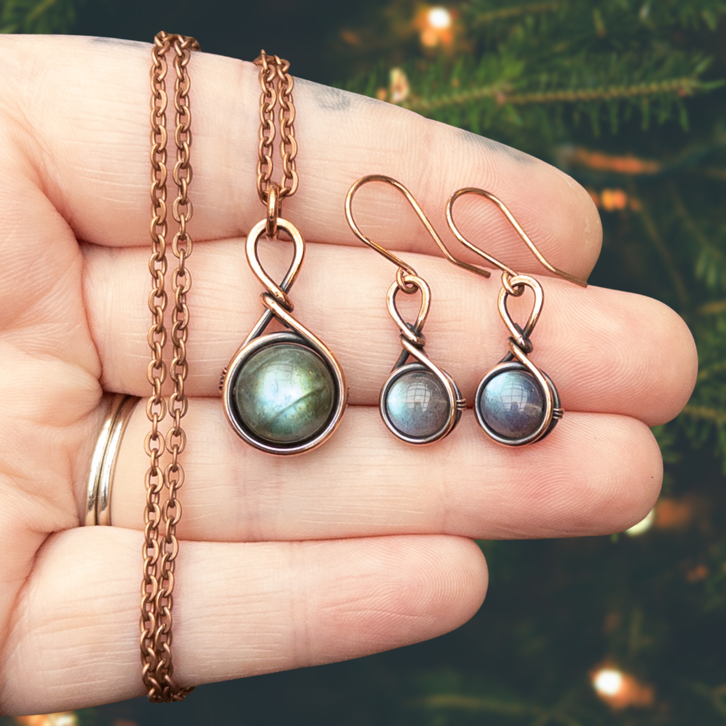 Drops of Labradorite Antiqued Copper Pendant & Earrings Set