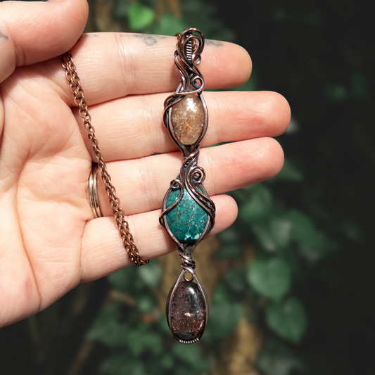 Bloodshot Iolite, Hubei Turquoise, & Confetti Sunstone Antiqued Copper Pendant