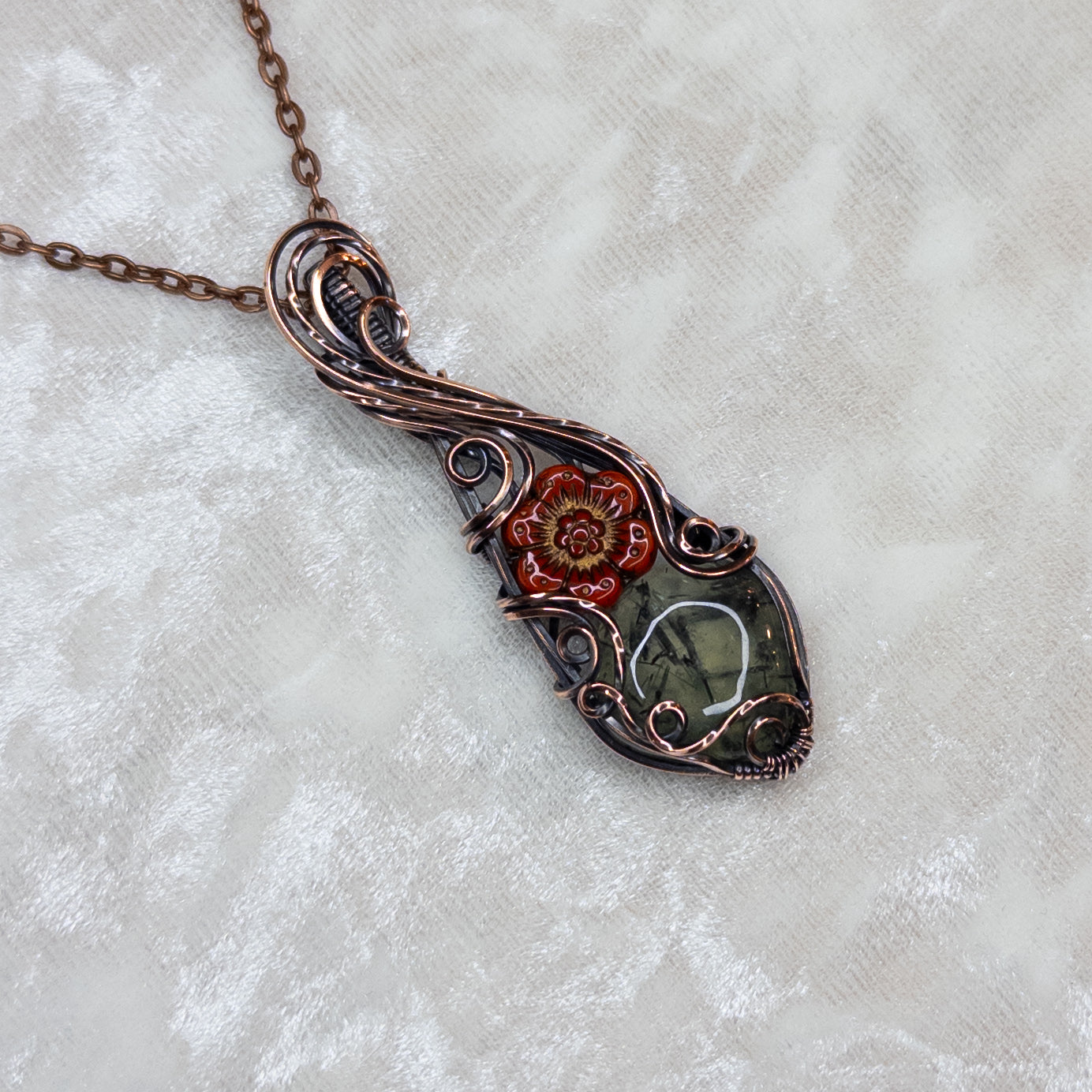 Prehnite & Czech Glass Flower Antiqued Copper Pendant