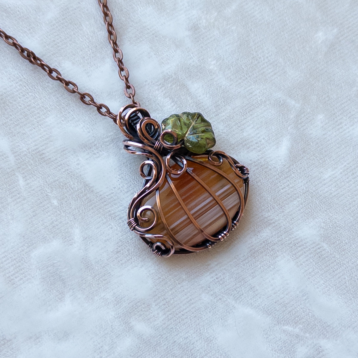 “Candy Corn” Banded Agate Antiqued Copper Pumpkin Pendant With Czech Glass Leaf