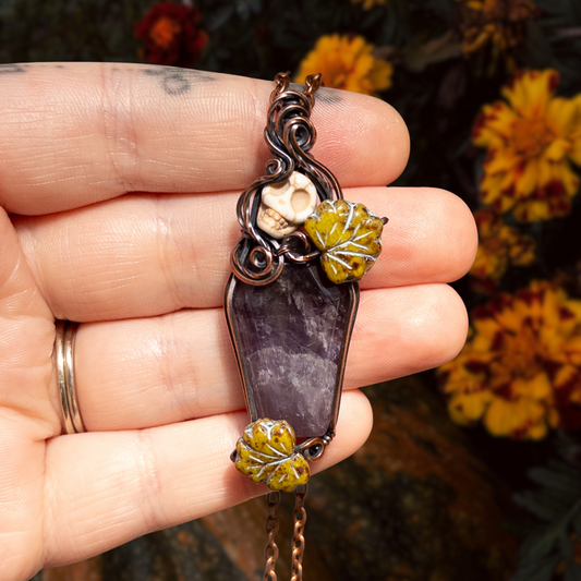 Amethyst Coffin & Skull Antiqued Copper Pendant With Czech Glass Leaves