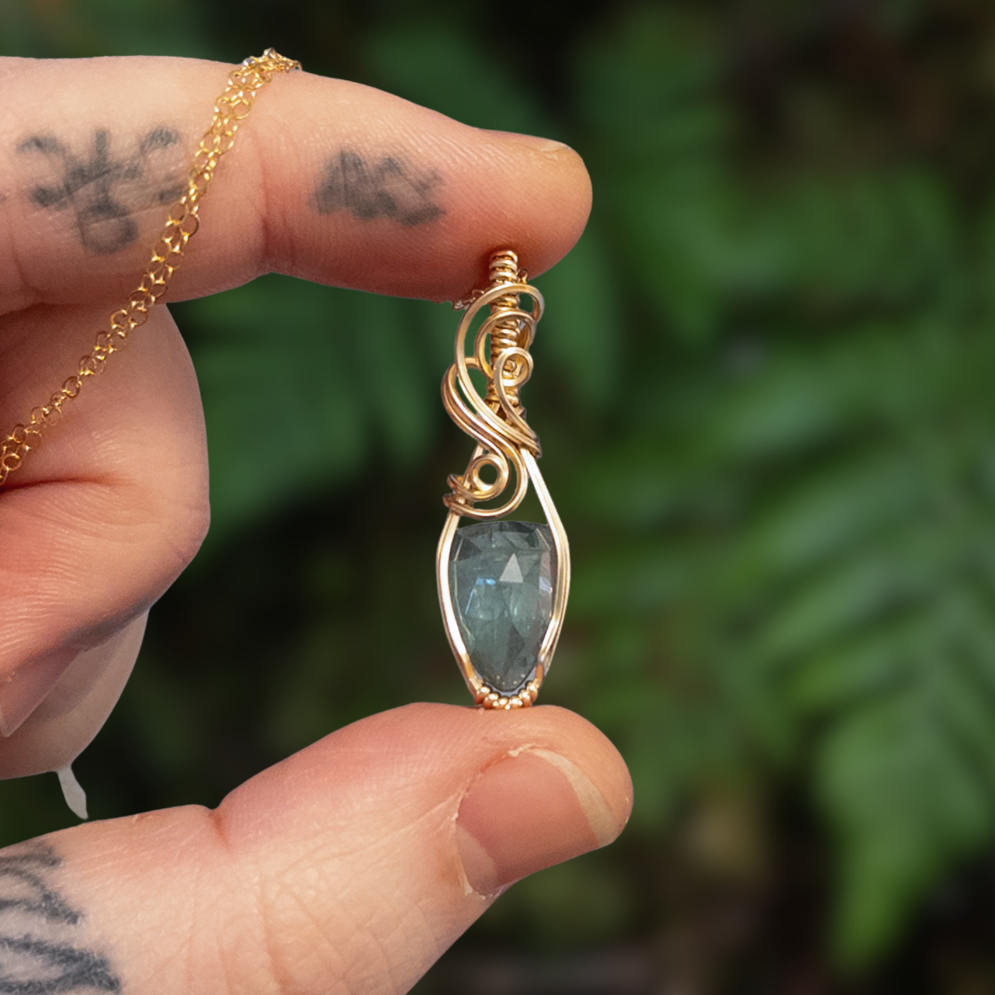 Rose Cut Blue-Green Kyanite 14k Gold Fill Pendant