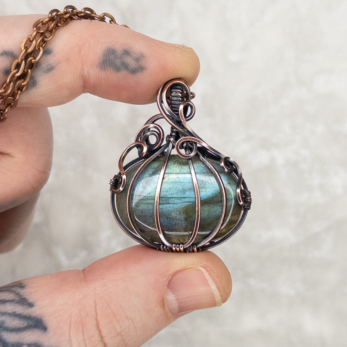 Labradorite Antiqued Copper Pumpkin Pendant