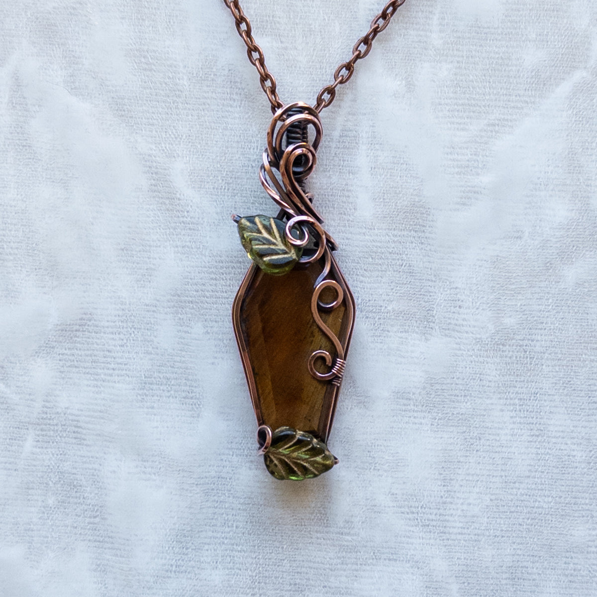 Tiger’s Eye Coffin & Leaves Antiqued Copper Pendant