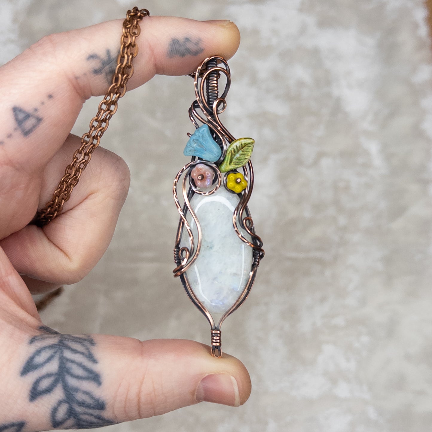 Moonstone & Czech Glass Antiqued Copper “Bouquet” Pendant
