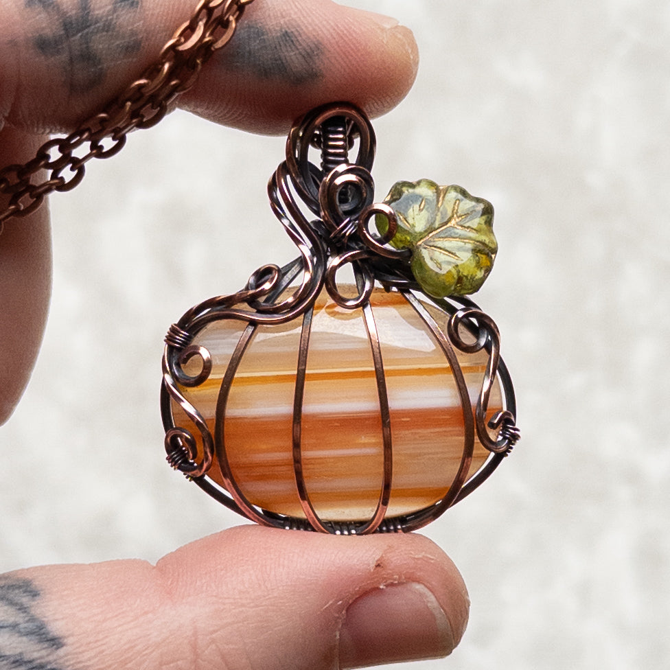 “Candy Corn” Banded Agate Antiqued Copper Pumpkin Pendant With Czech Glass Leaf
