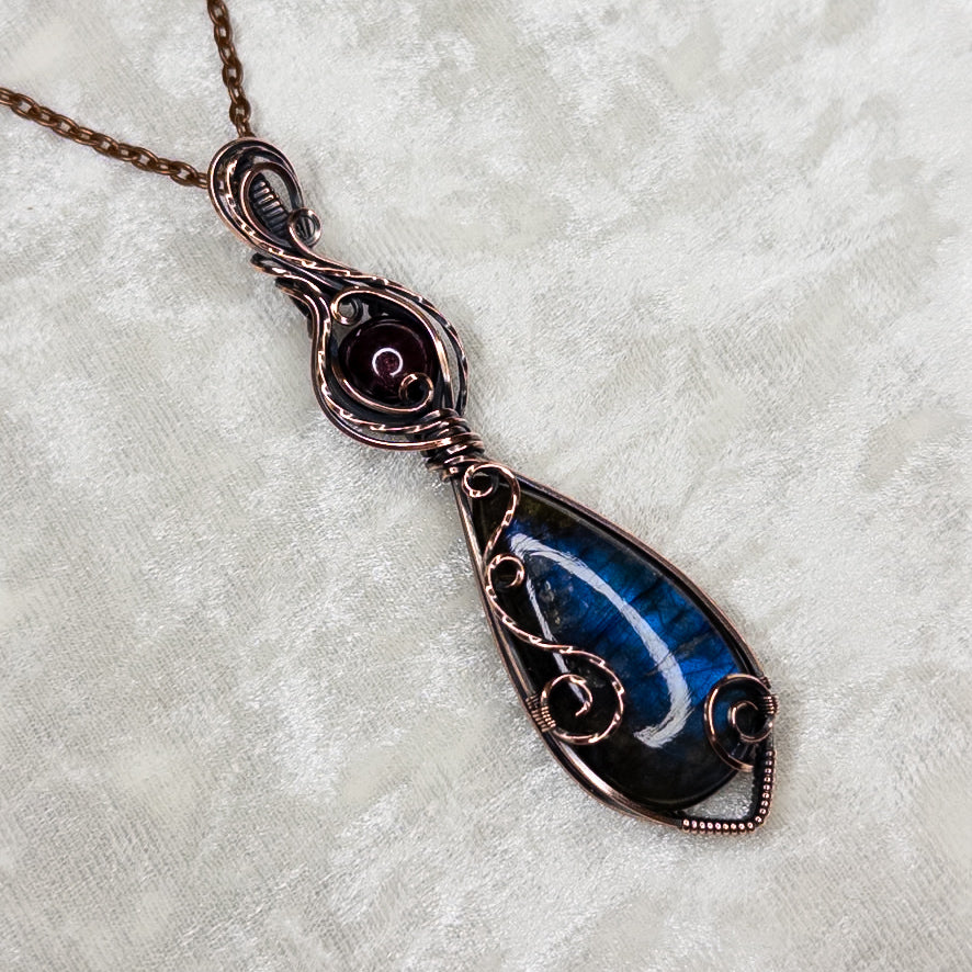 Blue Labradorite & Garnet Antiqued Copper Pendant