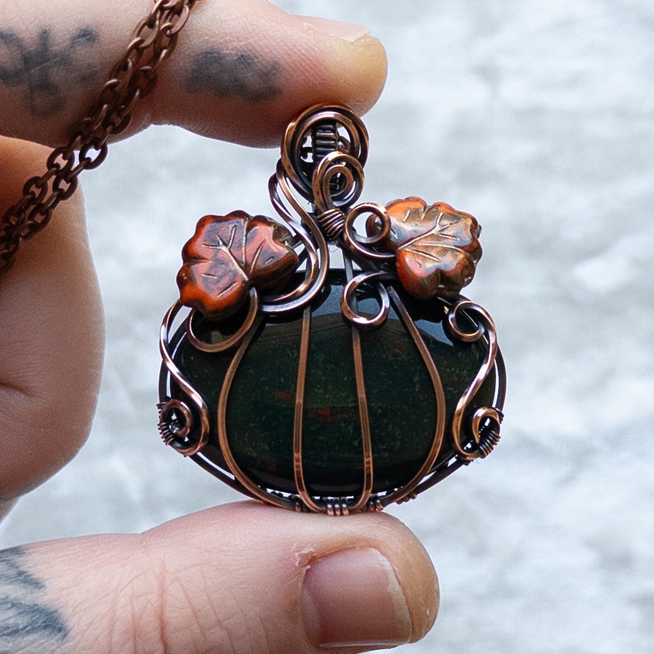 Bloodstone Pumpkin Pendant Witch Czech Glass Leaves - Antiqued Copper