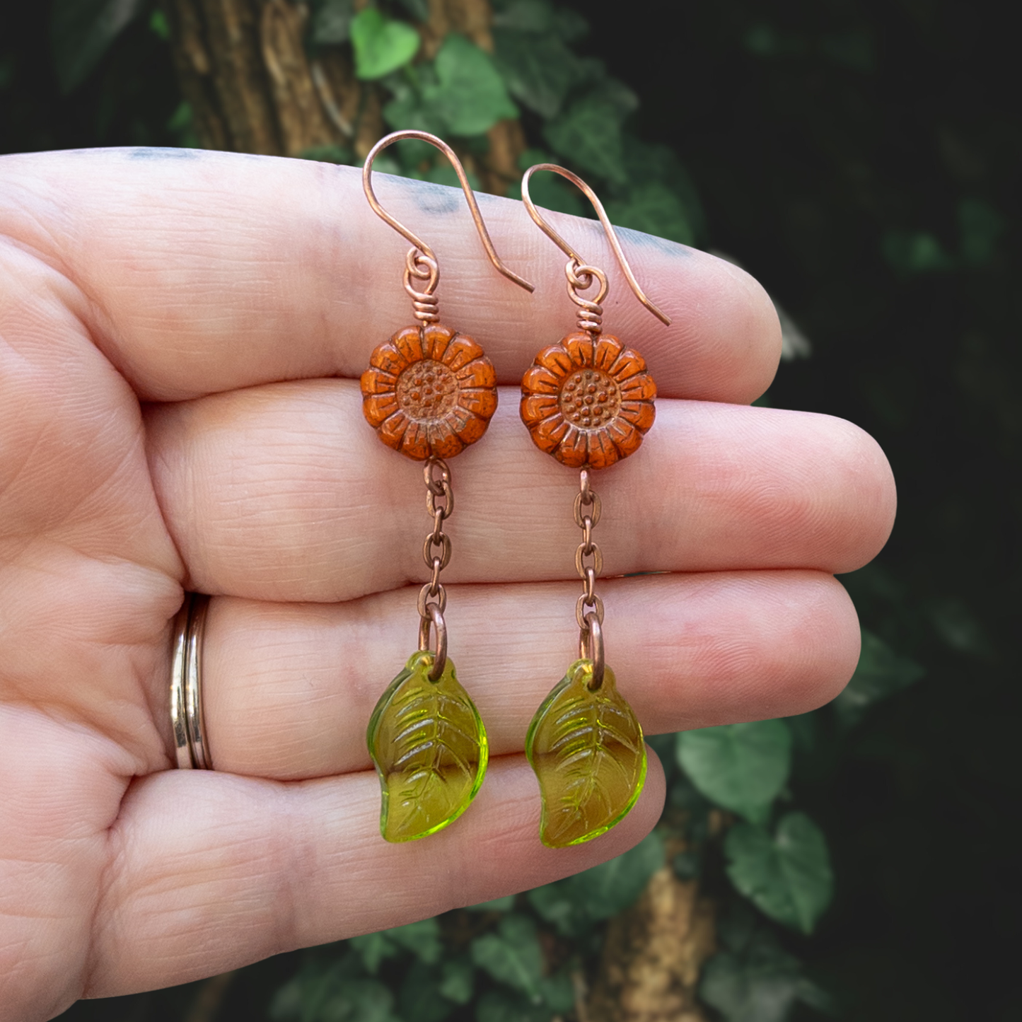 Czech Glass Sunflower & Glass Leaf Copper Earrings