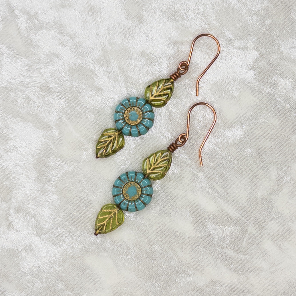 Czech Glass Flower & Leaf Copper Earrings