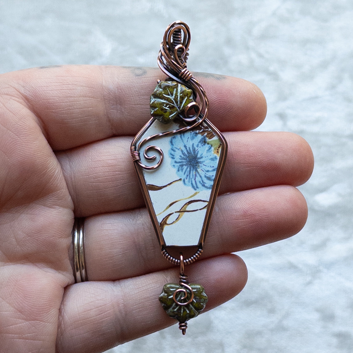 Vintage China Coffin Pendant With Czech Glass Leaves - Antiqued Copper