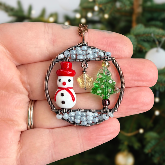 Extra Special Imperfect Winter Scene Copper Wrapped Pendant Featuring Festive Glass Beads