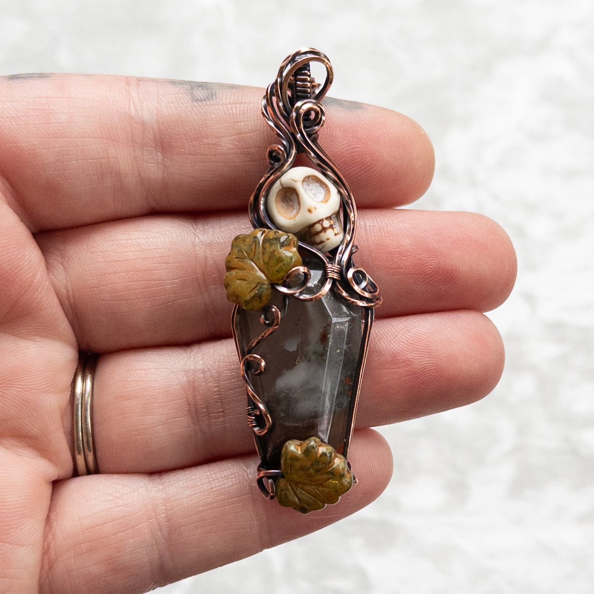 African Bloodstone Coffin & Skull Antiqued Copper Pendant With Czech Glass Leaves