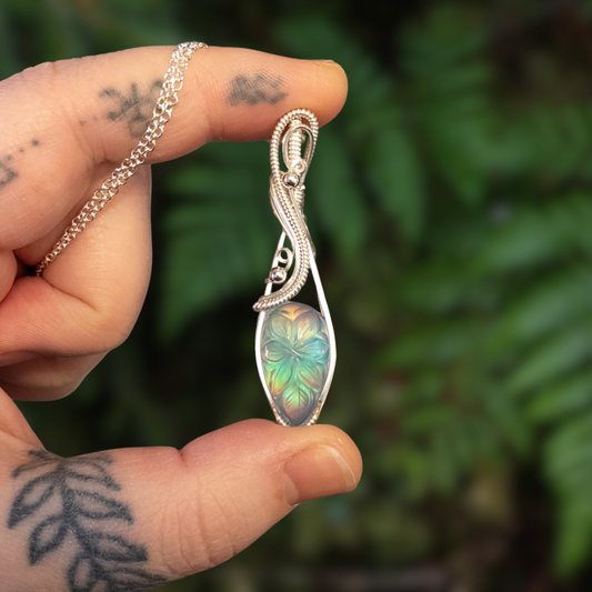 Leaf Motif Carved Aurora Opal & Quartz Doublet Sterling Silver Wire Wrapped Pendant