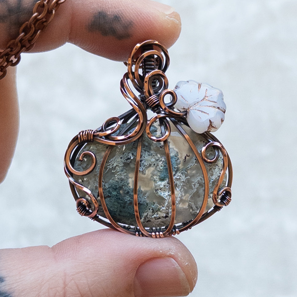 Moss Agate Antiqued Copper Pumpkin Pendant With Czech Glass Leaf