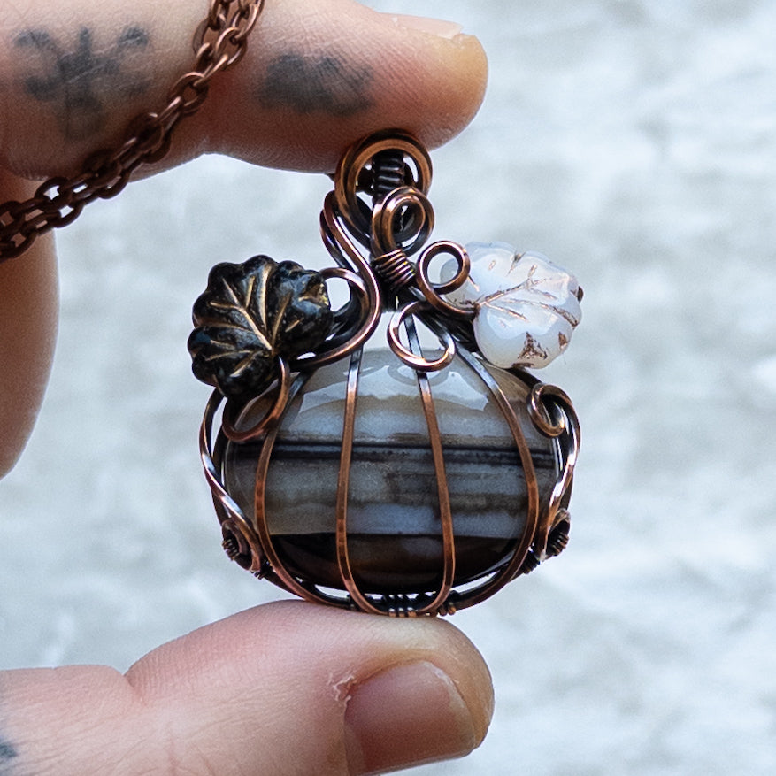Black & White Banded Agate Pumpkin Pendant With Czech Glass Leaves - Antiqued Copper
