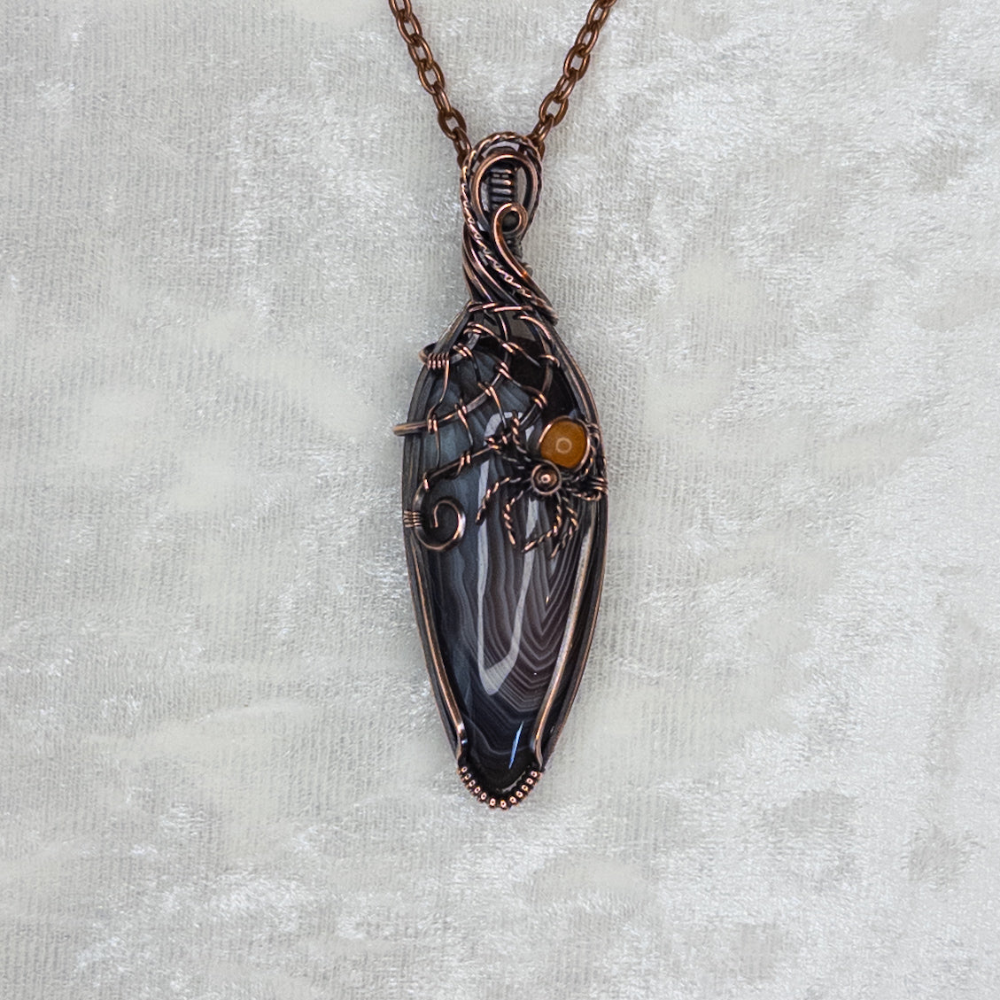 Botswana Agate & Orange Aventurine Spider Antiqued Copper Pendant