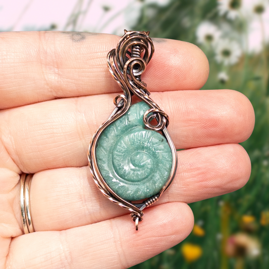 Carved Amazonite Shell Antiqued Copper Pendant